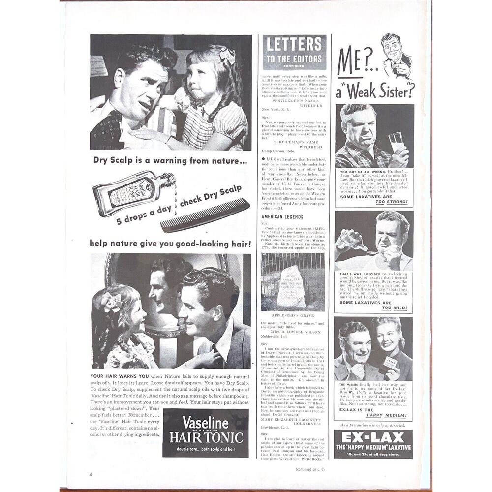 Vintage Vaseline Hair Tonic Ex Lax Print Ad 1960s Health Beauty Black White